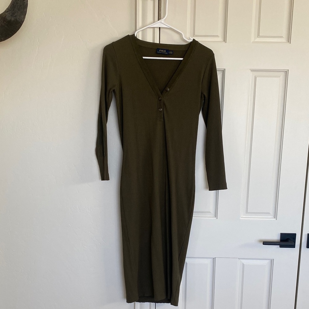 Polo Ralph Lauren Olive Green Ribbed Long Sleeve Dress